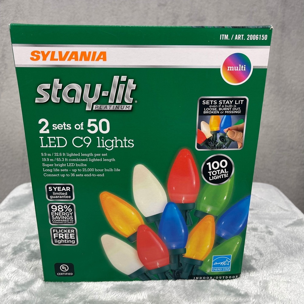Sylvania LED C9 Lights Multi 100 Count Stay-Lit Platinum Indoor Outdoor